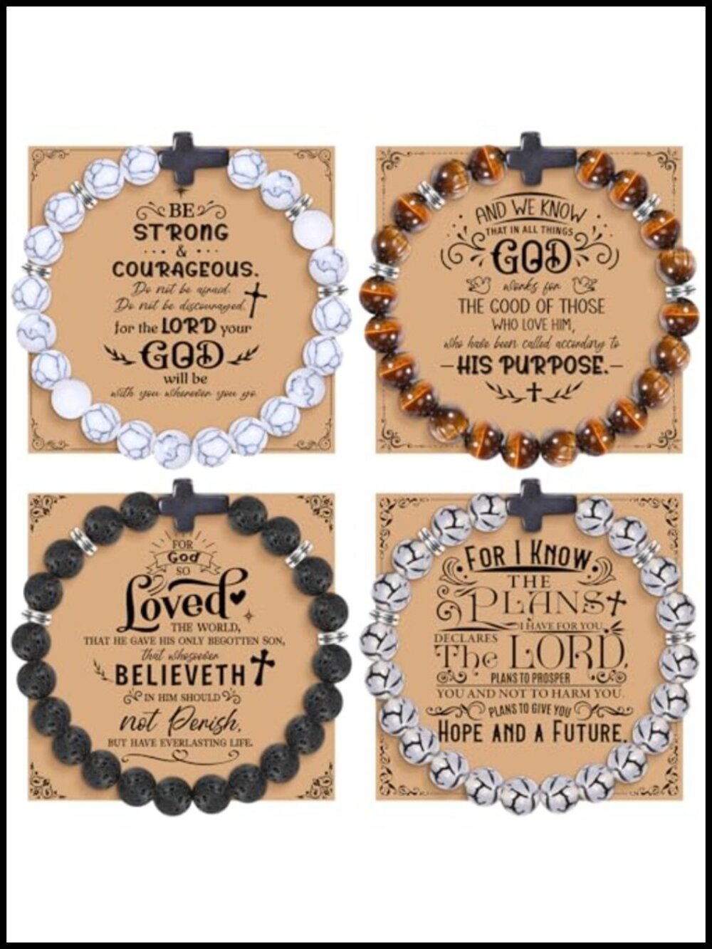 Set of 4 Adjustable Stone Cross Charm Bracelets Religious Christian Jewelry